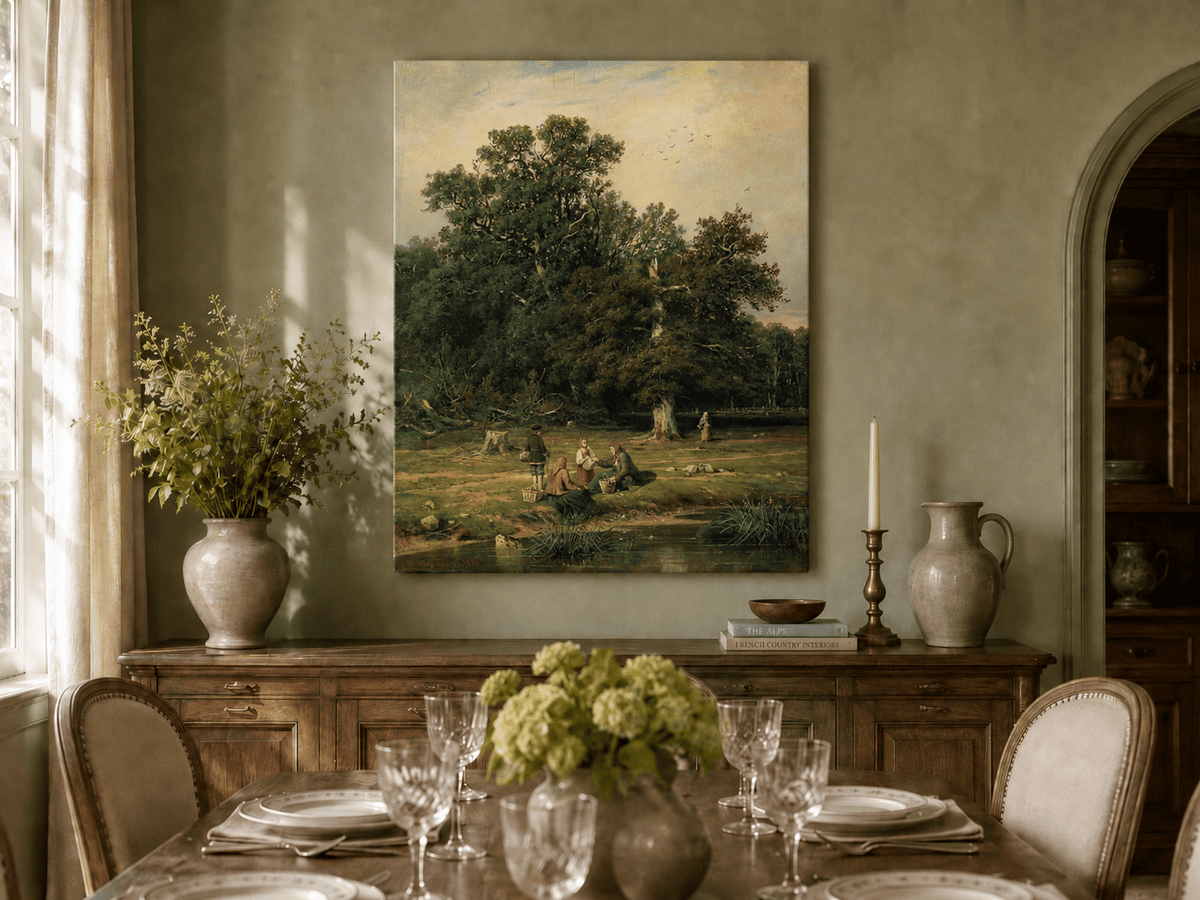 Unframed hand-painted forest stream oil painting with figures beneath a large tree displayed above a formal dining table.