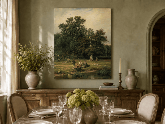 Unframed hand-painted forest stream oil painting with figures beneath a large tree displayed above a formal dining table.