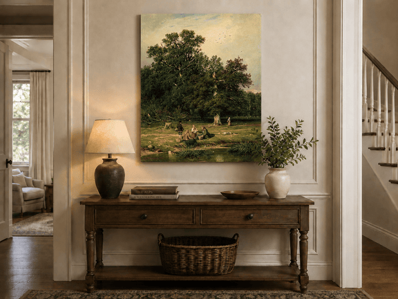 Unframed hand-painted forest stream oil painting with figures beneath a large tree displayed above an entryway console table.