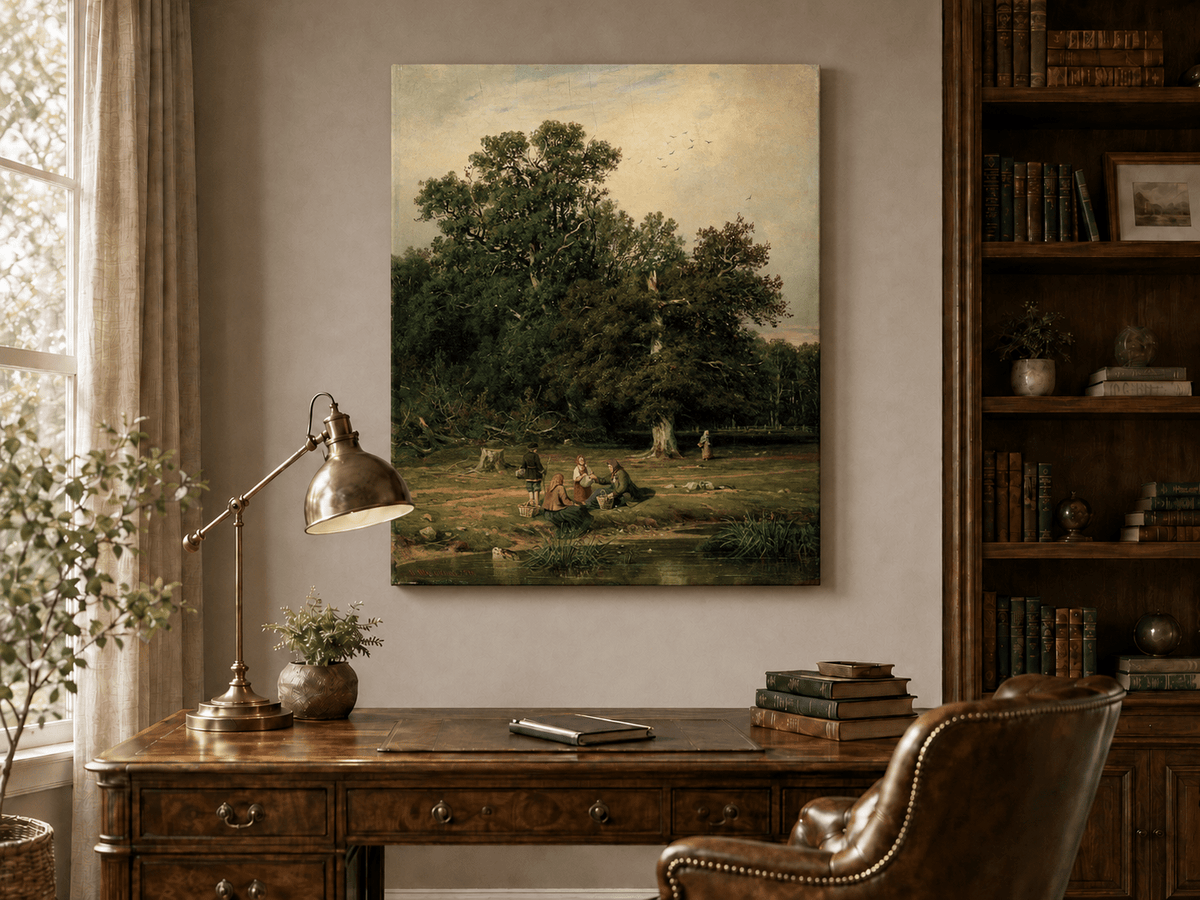 Unframed hand-painted forest stream oil painting with figures beneath a large tree displayed above a traditional home office desk.