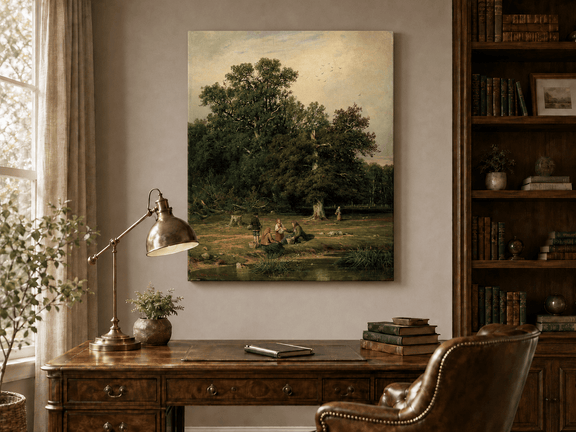 Unframed hand-painted forest stream oil painting with figures beneath a large tree displayed above a traditional home office desk.