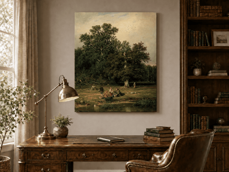 Unframed hand-painted forest stream oil painting with figures beneath a large tree displayed above a traditional home office desk.