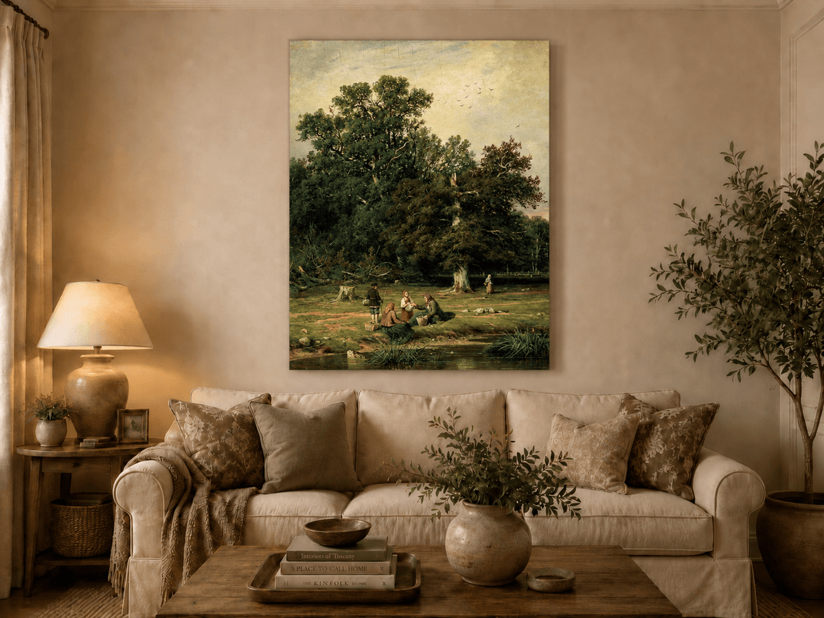 Unframed hand-painted forest stream oil painting with figures beneath a large tree displayed above a neutral living room sofa.