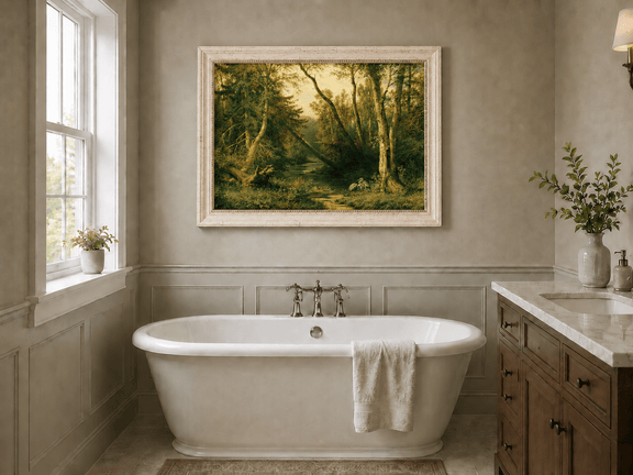 Framed hand-painted forest stream oil painting with herons among sunlit trees displayed above a freestanding bathtub.