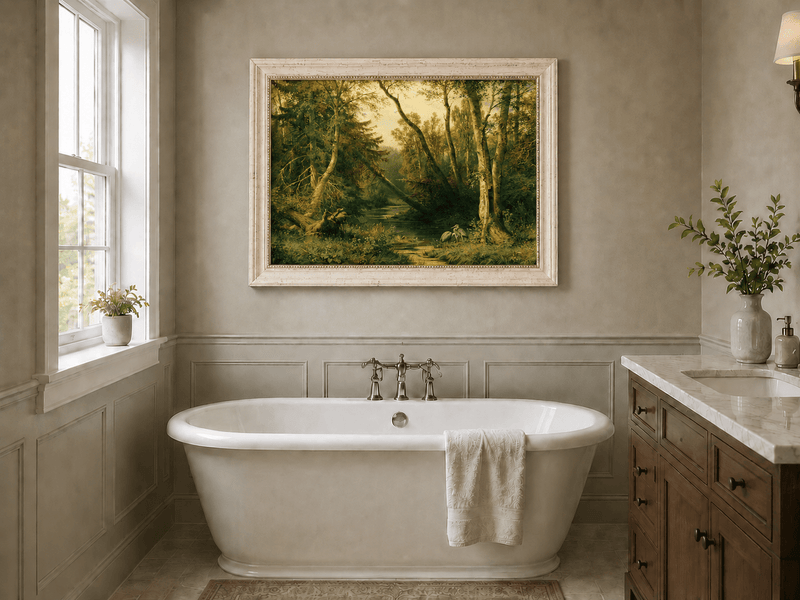 Framed hand-painted forest stream oil painting with herons among sunlit trees displayed above a freestanding bathtub.
