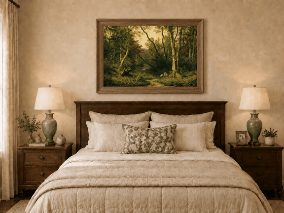 Framed hand-painted forest stream oil painting with herons among sunlit trees displayed above a wooden bed in a neutral bedroom.