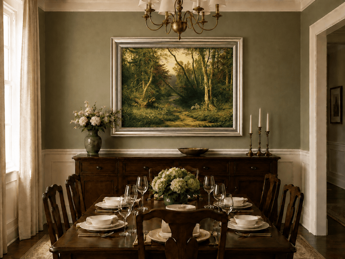 Framed hand-painted forest stream oil painting with herons among sunlit trees displayed above a formal dining table.