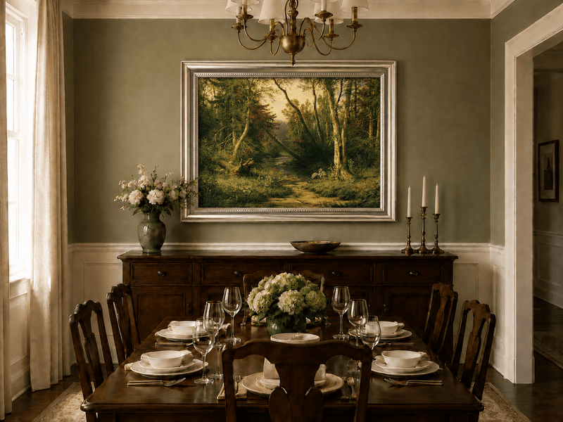 Framed hand-painted forest stream oil painting with herons among sunlit trees displayed above a formal dining table.