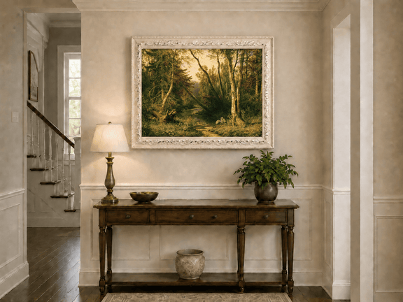Framed hand-painted forest stream oil painting with herons among sunlit trees displayed above an entryway console table.