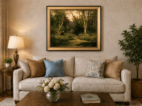 Framed hand-painted forest stream oil painting with herons among sunlit trees displayed above a neutral living room sofa.