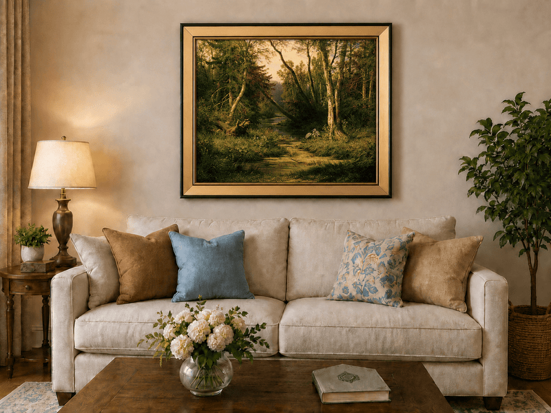 Framed hand-painted forest stream oil painting with herons among sunlit trees displayed above a neutral living room sofa.