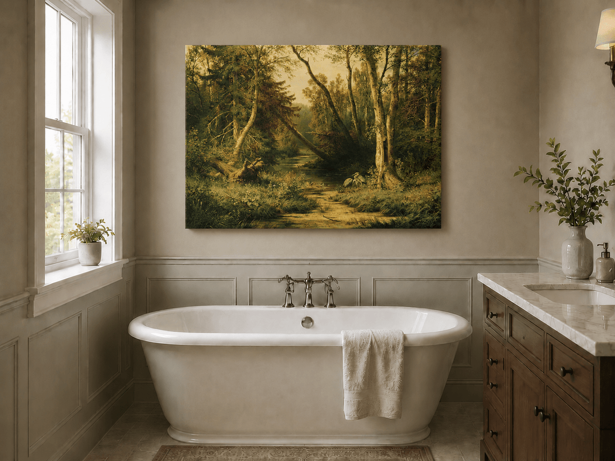 Unframed hand-painted forest stream oil painting with herons among sunlit trees displayed above a freestanding bathtub.