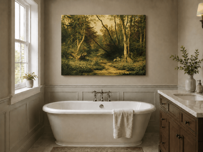 Unframed hand-painted forest stream oil painting with herons among sunlit trees displayed above a freestanding bathtub.