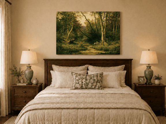 Unframed hand-painted forest stream oil painting with herons among sunlit trees displayed above a wooden bed in a neutral bedroom.