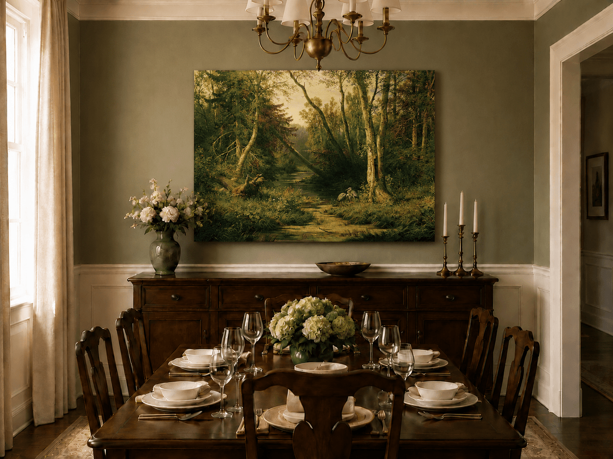 Unframed hand-painted forest stream oil painting with herons among sunlit trees displayed above a formal dining table.