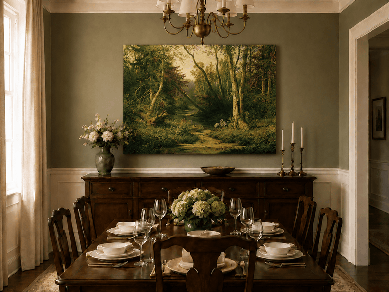 Unframed hand-painted forest stream oil painting with herons among sunlit trees displayed above a formal dining table.