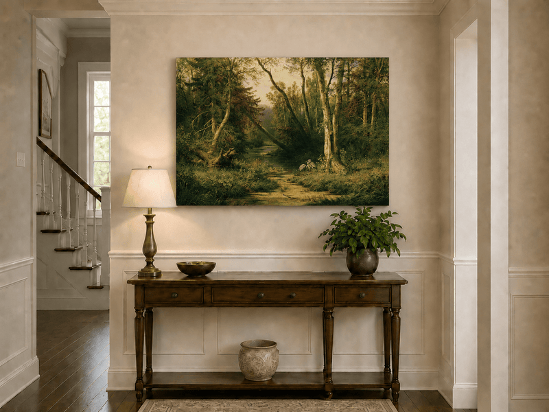 Unframed hand-painted forest stream oil painting with herons among sunlit trees displayed above an entryway console table.