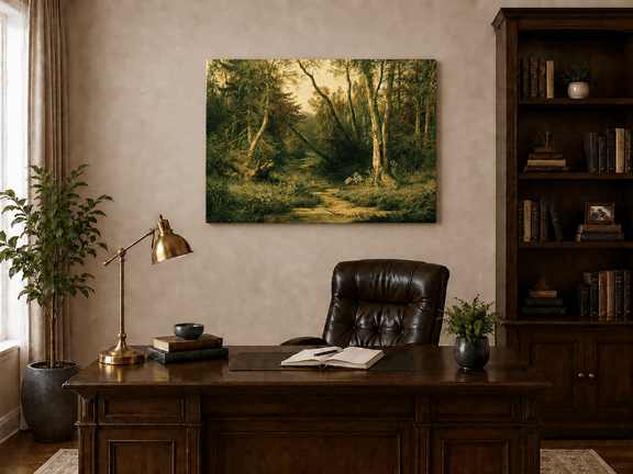 Unframed hand-painted forest stream oil painting with herons among sunlit trees displayed above a traditional home office desk.