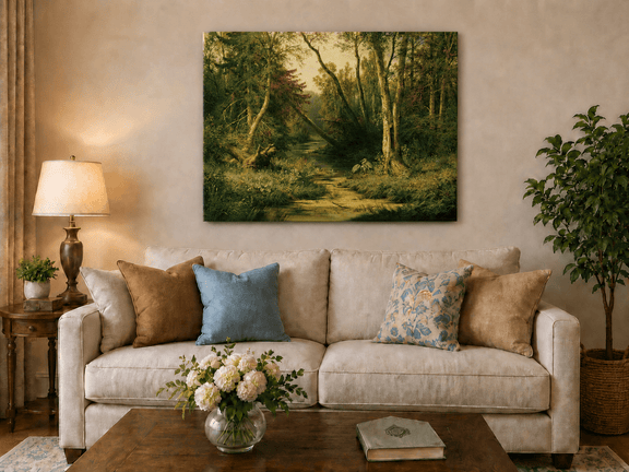 Unframed hand-painted forest stream oil painting with herons among sunlit trees displayed above a neutral living room sofa.