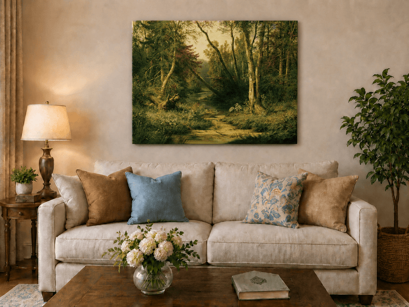Unframed hand-painted forest stream oil painting with herons among sunlit trees displayed above a neutral living room sofa.
