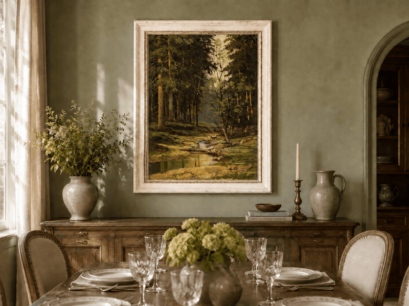 Framed hand-painted forest stream oil painting with tall trees and warm filtered light displayed above a formal dining table.