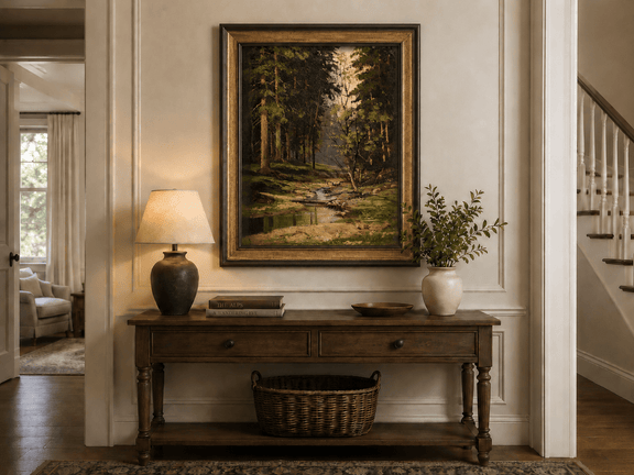 Framed hand-painted forest stream oil painting with tall trees and warm filtered light displayed above an entryway console table.