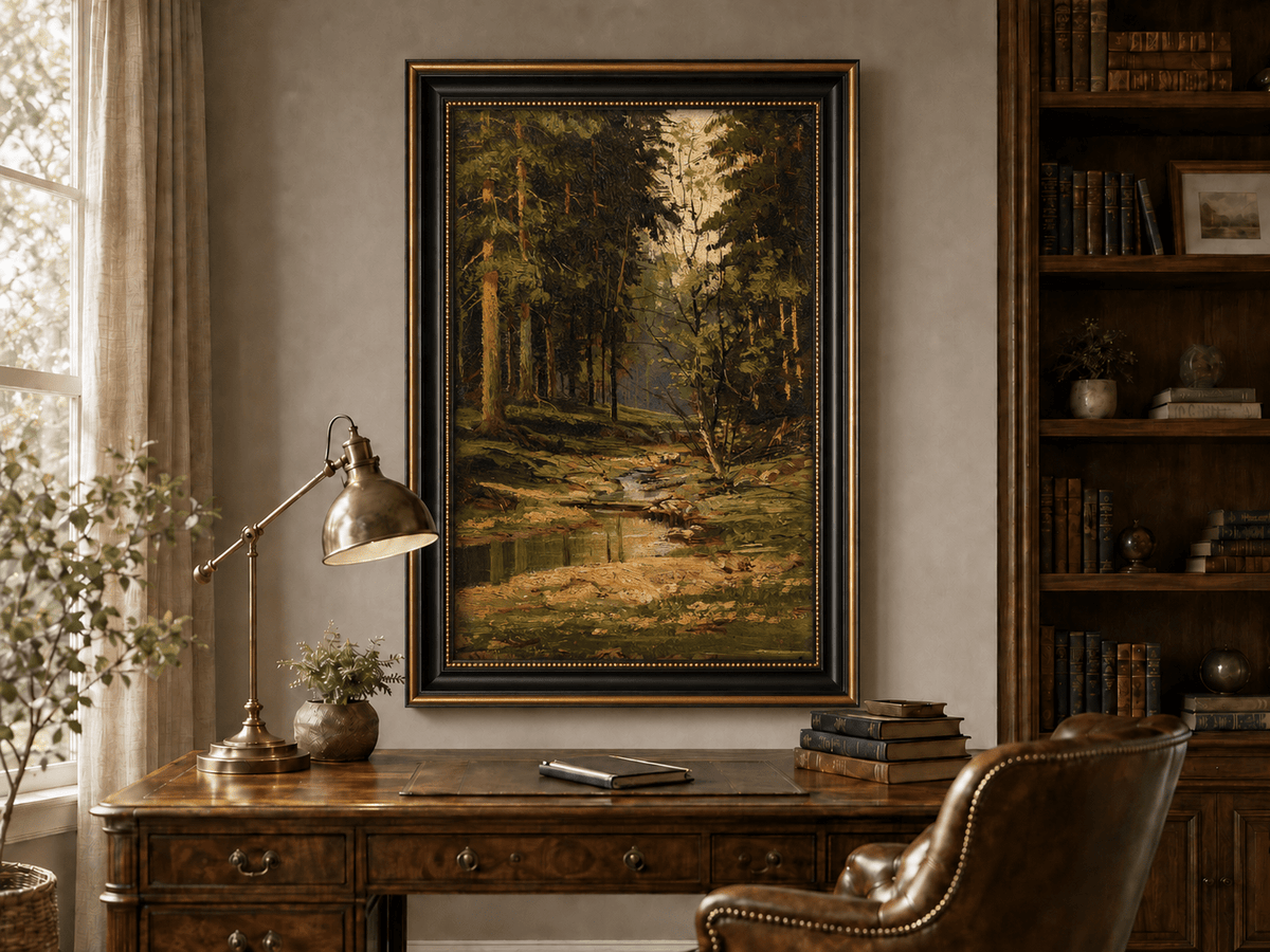 Framed hand-painted forest stream oil painting with tall trees and warm filtered light displayed above a traditional home office desk.
