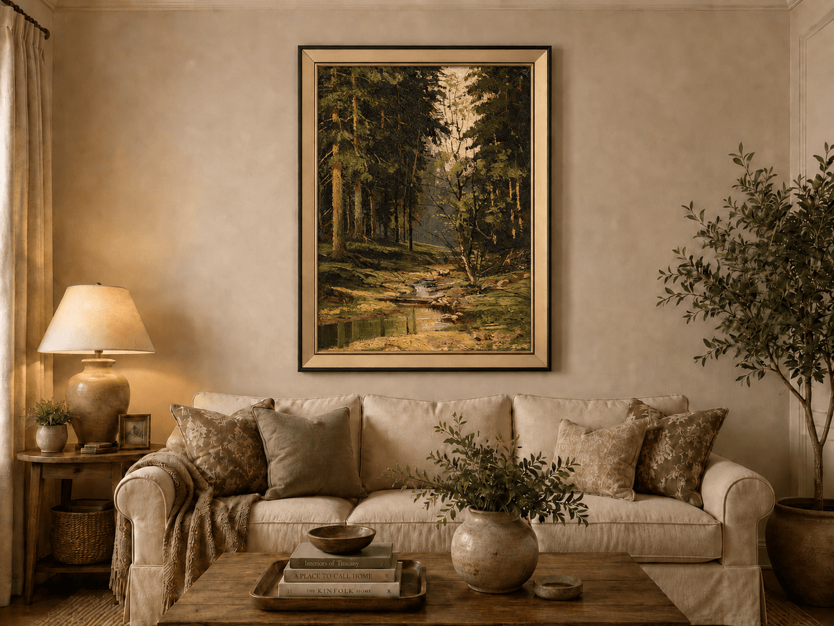 Framed hand-painted forest stream oil painting with tall trees and warm filtered light displayed above a neutral living room sofa.