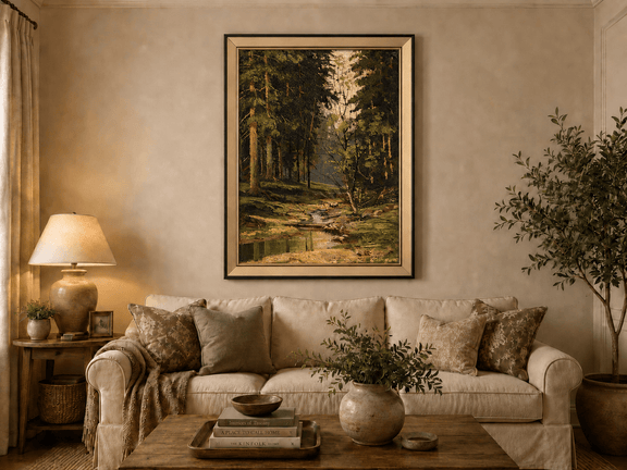Framed hand-painted forest stream oil painting with tall trees and warm filtered light displayed above a neutral living room sofa.