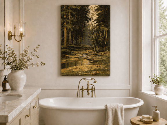 Unframed hand-painted forest stream oil painting with tall trees and warm filtered light displayed above a freestanding bathtub.