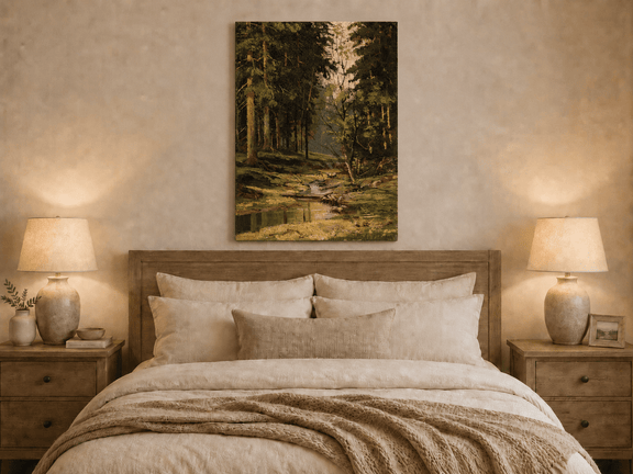 Unframed hand-painted forest stream oil painting with tall trees and warm filtered light displayed above a wooden bed in a neutral bedroom.
