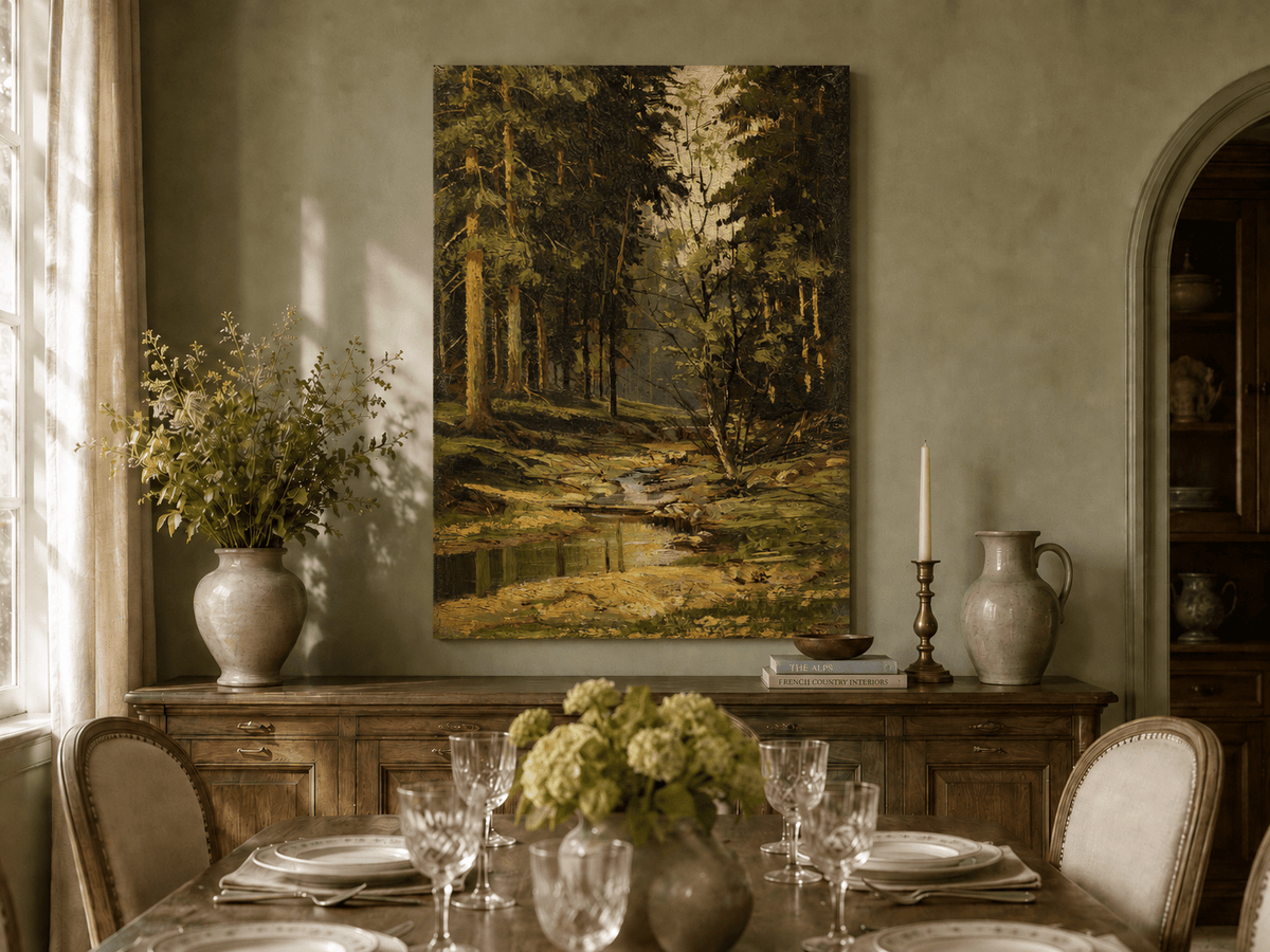 Unframed hand-painted forest stream oil painting with tall trees and warm filtered light displayed above a formal dining table.