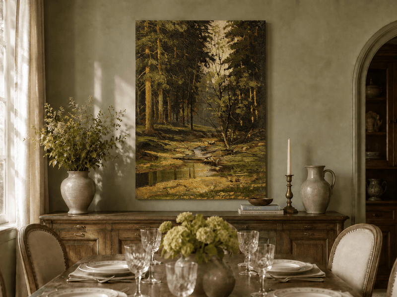 Unframed hand-painted forest stream oil painting with tall trees and warm filtered light displayed above a formal dining table.