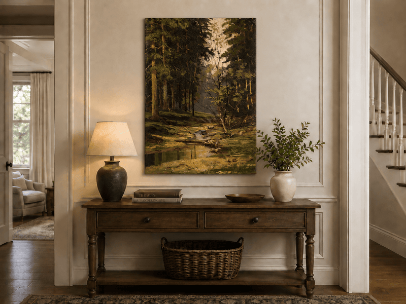 Unframed hand-painted forest stream oil painting with tall trees and warm filtered light displayed above an entryway console table.
