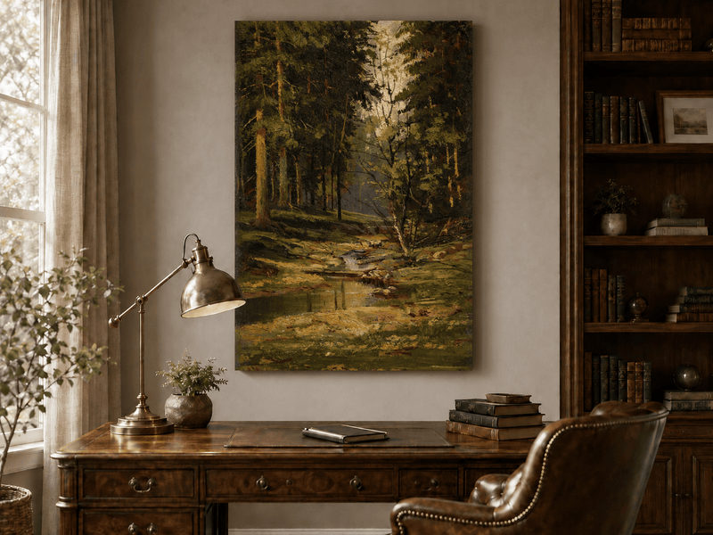 Unframed hand-painted forest stream oil painting with tall trees and warm filtered light displayed above a traditional home office desk.