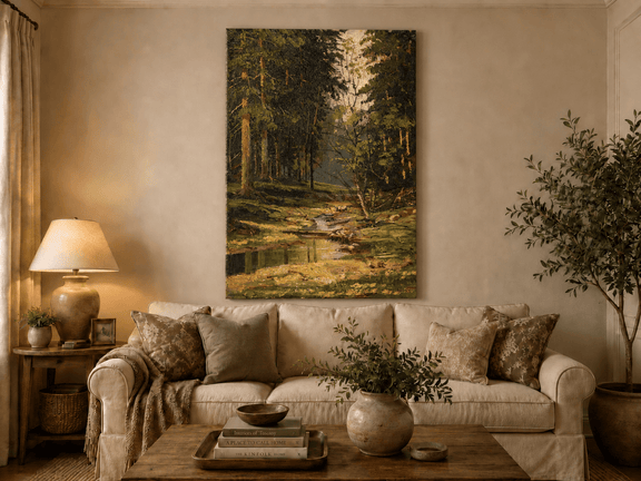 Unframed hand-painted forest stream oil painting with tall trees and warm filtered light displayed above a neutral living room sofa.