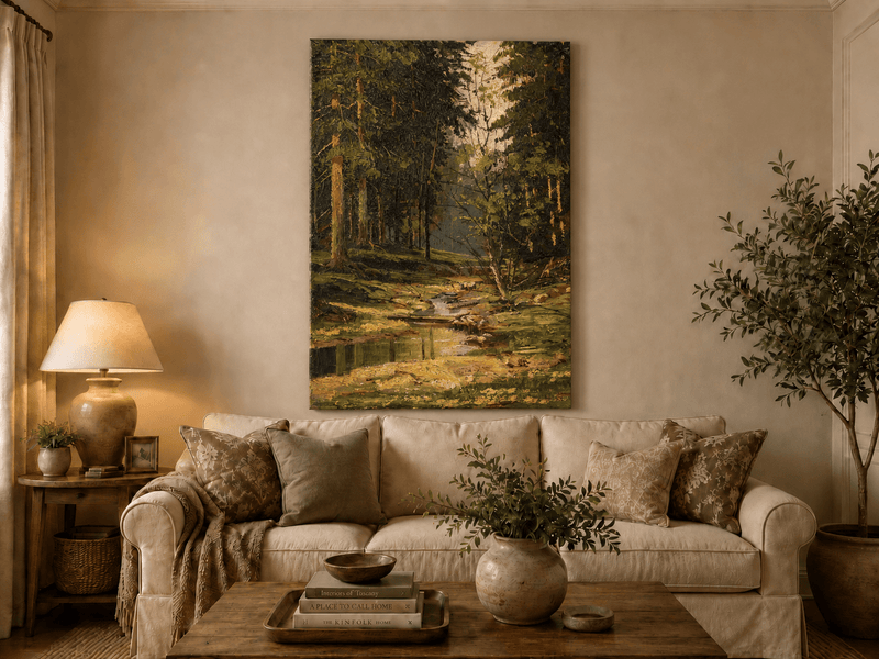 Unframed hand-painted forest stream oil painting with tall trees and warm filtered light displayed above a neutral living room sofa.