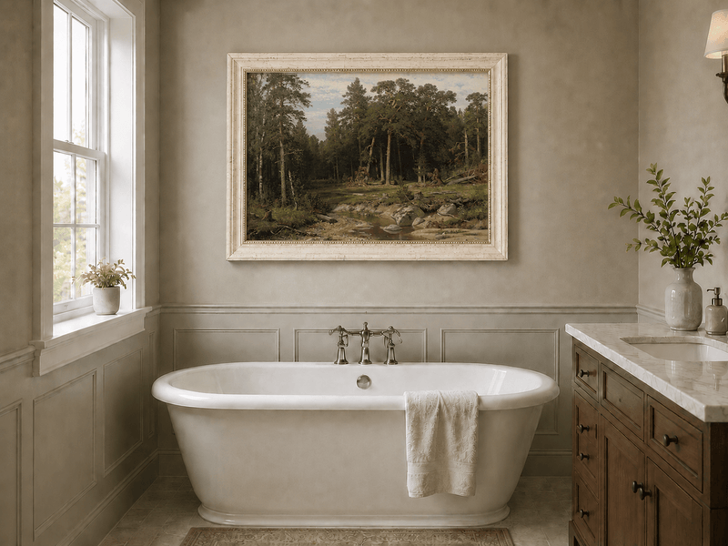 Framed hand-painted forest stream oil painting with tall pine trees and rocky water displayed above a freestanding bathtub.