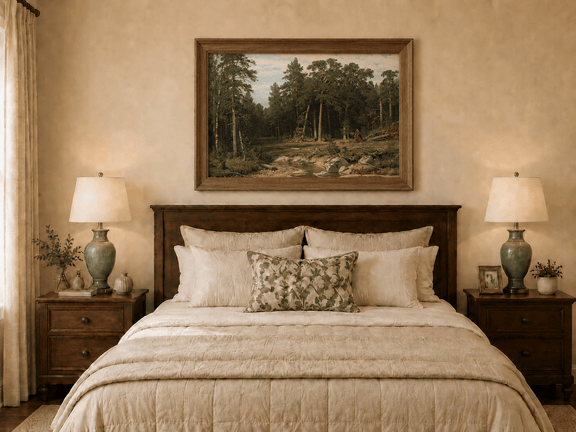 Framed hand-painted forest stream oil painting with tall pine trees and rocky water displayed above a wooden bed in a neutral bedroom.