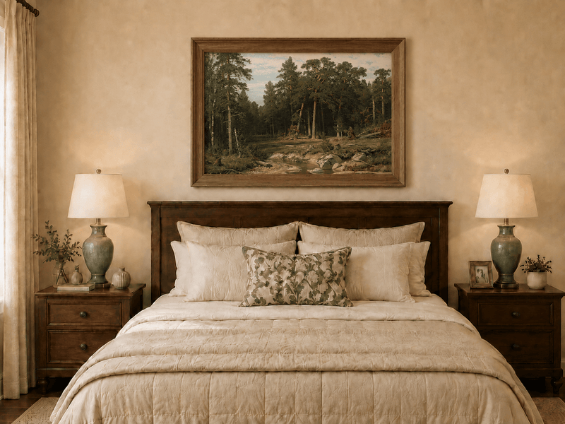 Framed hand-painted forest stream oil painting with tall pine trees and rocky water displayed above a wooden bed in a neutral bedroom.