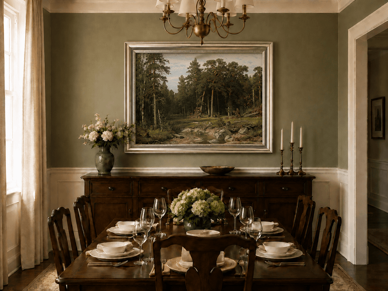 Framed hand-painted forest stream oil painting with tall pine trees and rocky water displayed above a formal dining table.