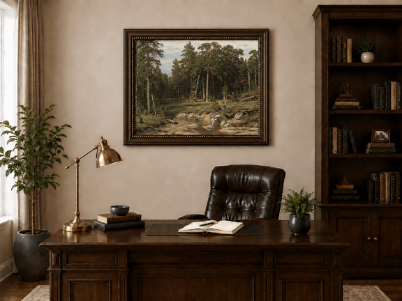 Framed hand-painted forest stream oil painting with tall pine trees and rocky water displayed above a traditional home office desk.