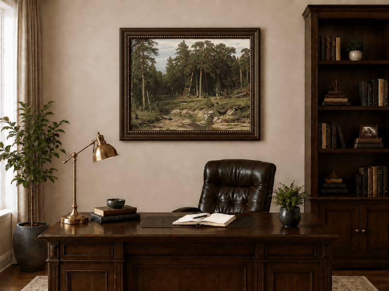 Framed hand-painted forest stream oil painting with tall pine trees and rocky water displayed above a traditional home office desk.