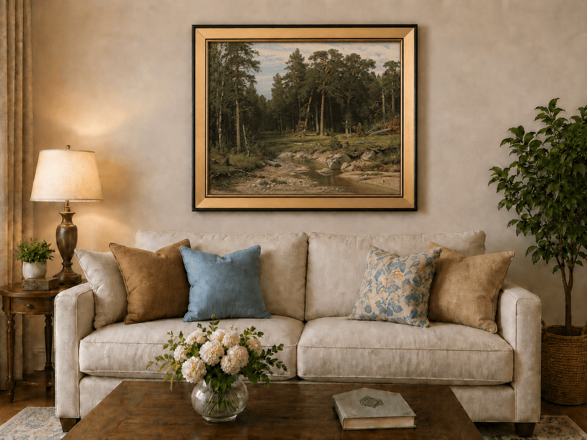 Framed hand-painted forest stream oil painting with tall pine trees and rocky water displayed above a neutral living room sofa.