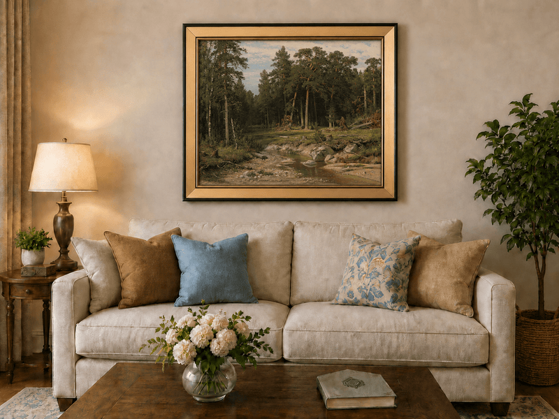 Framed hand-painted forest stream oil painting with tall pine trees and rocky water displayed above a neutral living room sofa.