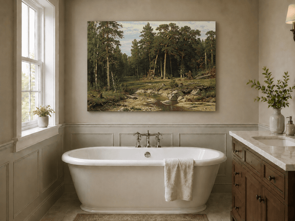 Unframed hand-painted forest stream oil painting with tall pine trees and rocky water displayed above a freestanding bathtub.