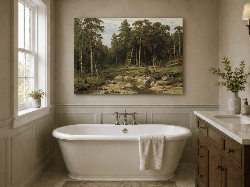 Unframed hand-painted forest stream oil painting with tall pine trees and rocky water displayed above a freestanding bathtub.