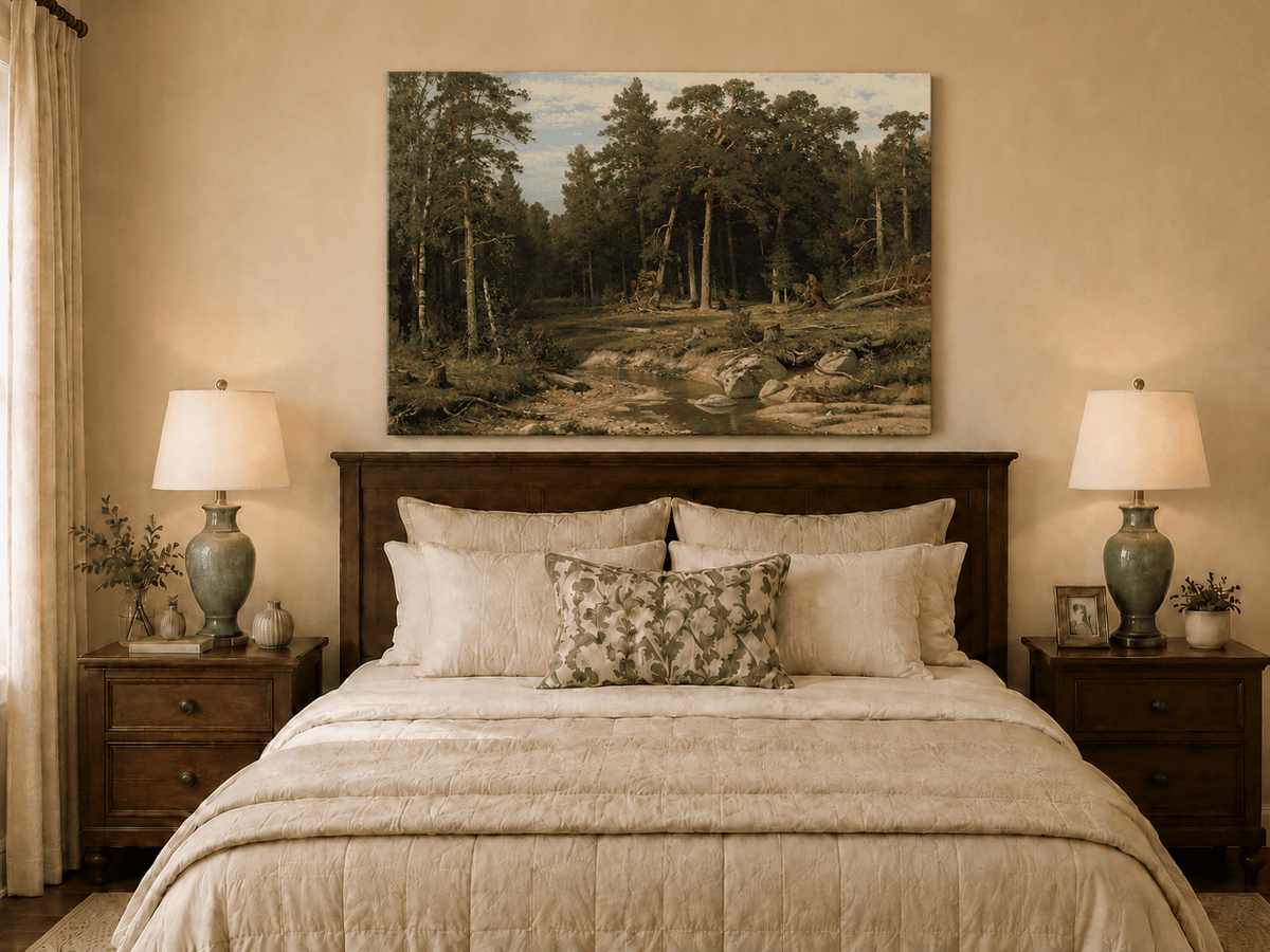 Unframed hand-painted forest stream oil painting with tall pine trees and rocky water displayed above a wooden bed in a neutral bedroom.