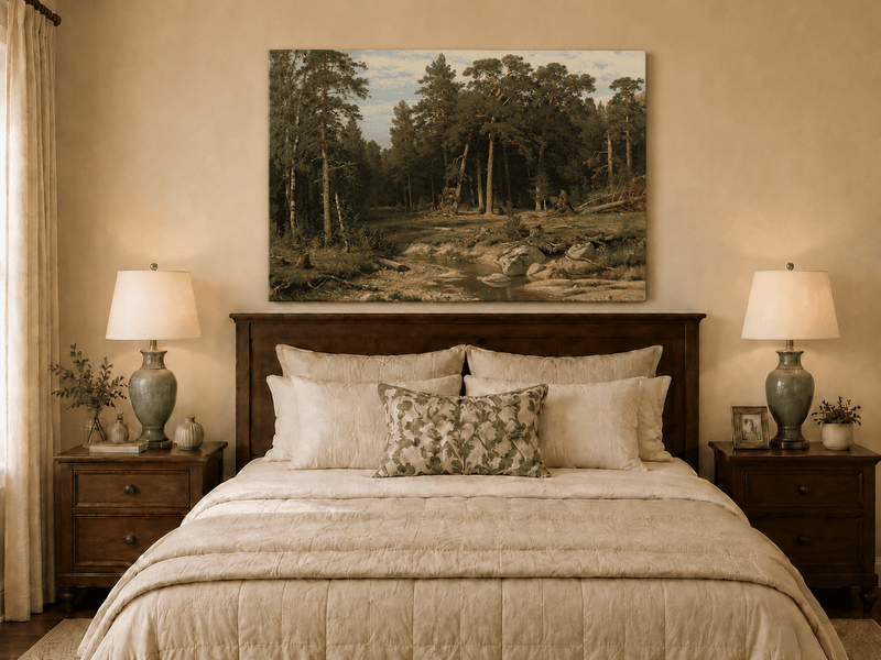 Unframed hand-painted forest stream oil painting with tall pine trees and rocky water displayed above a wooden bed in a neutral bedroom.