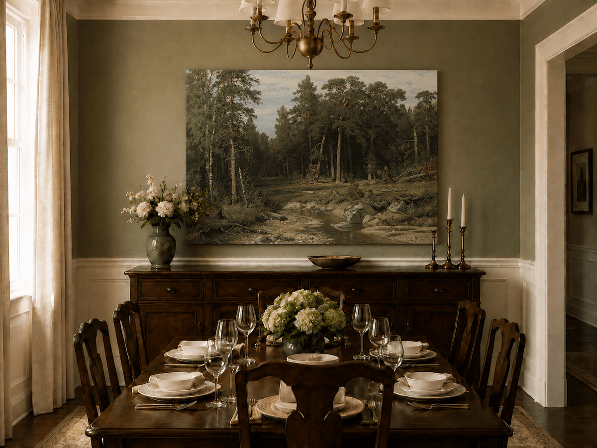 Unframed hand-painted forest stream oil painting with tall pine trees and rocky water displayed above a formal dining table.